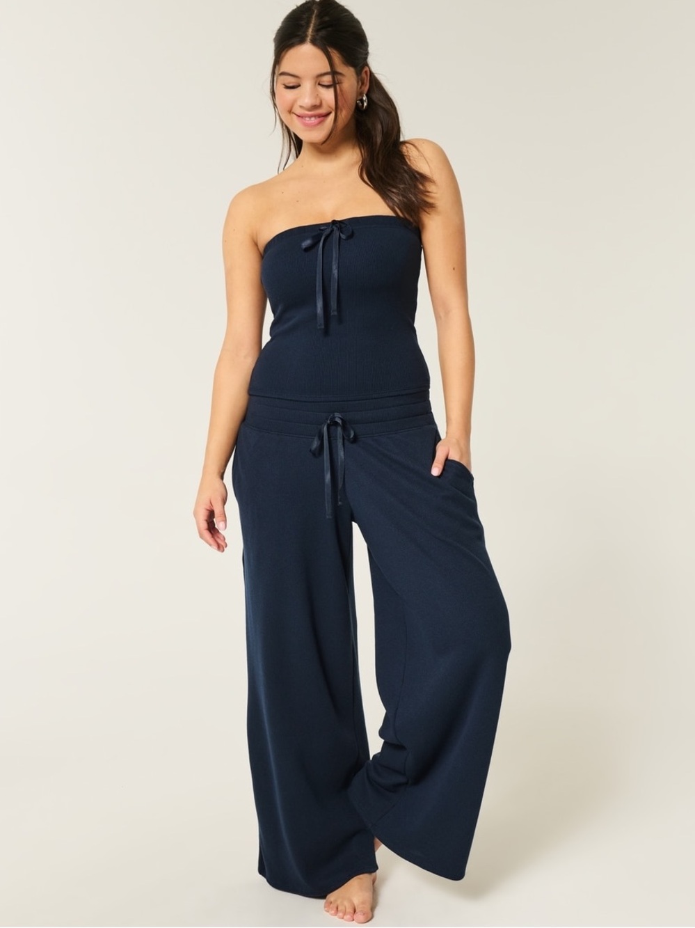 GILLY HICKS Wide BAGGY COZY WAFFLE navy blue PANTS with pockets